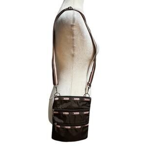 LeSportsac Classic Triple-Zip Crossbody Bag – Brown & Pink Stripe – 9.25” x 7.5”